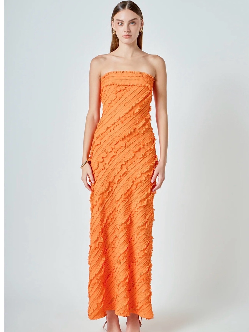 Endless Rose Strapless Ruffled Maxi Dress in Orange